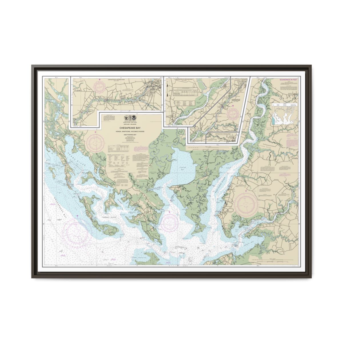 Chart 12261 Chesapeake Bay Honga, Nanticoke, Wicomico Rivers and Fishing Bay - NOAA Nautical Chart Floating Frame Canvas | 32" x 24" | 40" x 30" - Espresso front