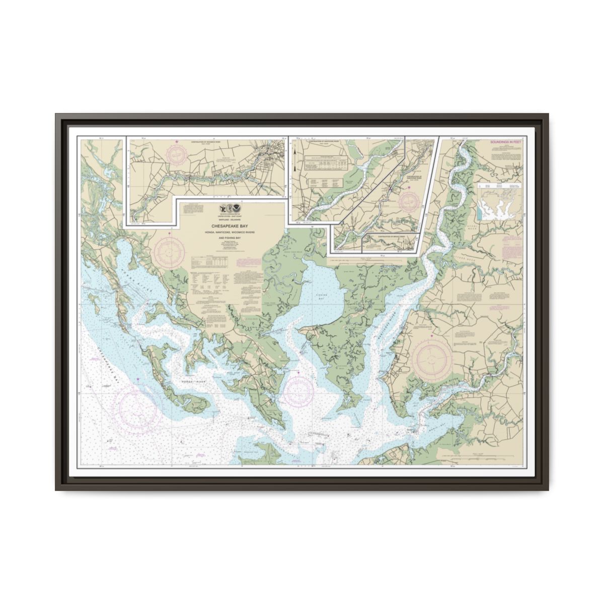 Chart 12261 Chesapeake Bay Honga, Nanticoke, Wicomico Rivers and Fishing Bay - NOAA Nautical Chart Floating Frame Canvas | 32" x 24" | 40" x 30" - Espresso front