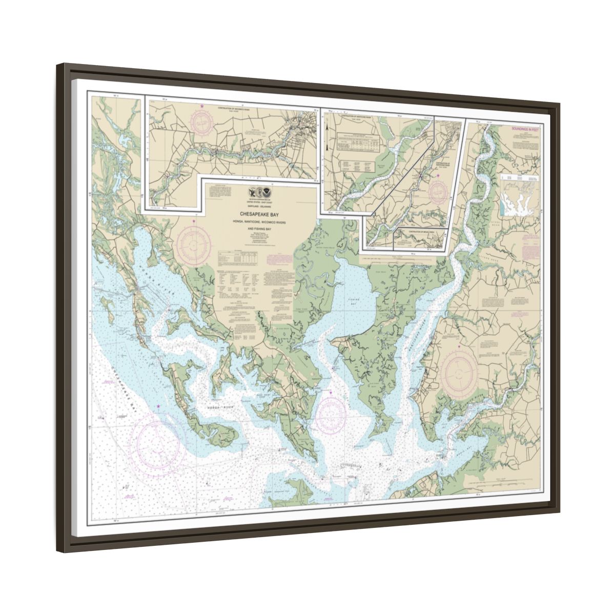 Chart 12261 Chesapeake Bay Honga, Nanticoke, Wicomico Rivers and Fishing Bay - NOAA Nautical Chart Floating Frame Canvas | 32" x 24" | 40" x 30" - Espresso side