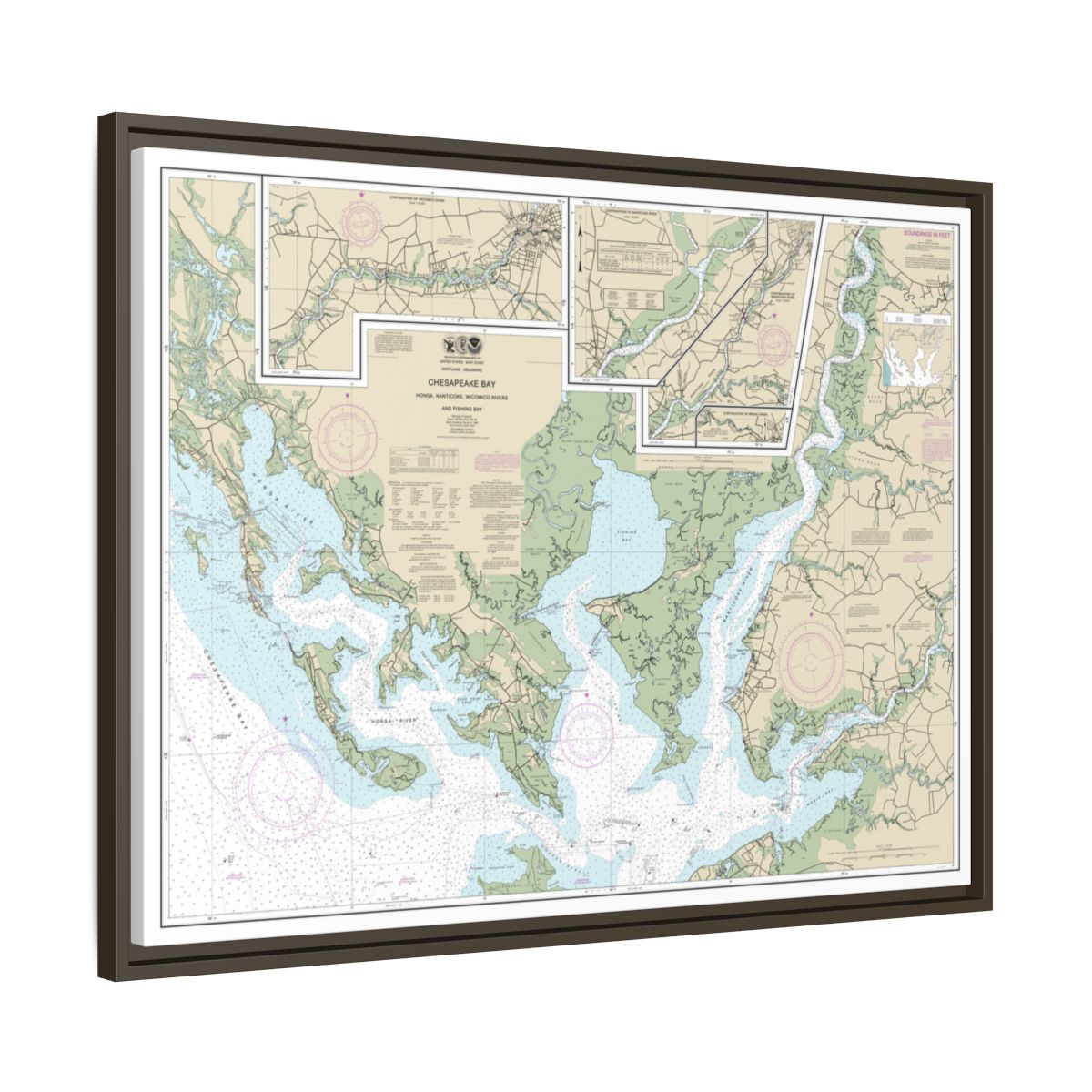 Chart 12261 Chesapeake Bay Honga, Nanticoke, Wicomico Rivers and Fishing Bay - NOAA Nautical Chart Floating Frame Canvas | 32" x 24" | 40" x 30" - Espresso side