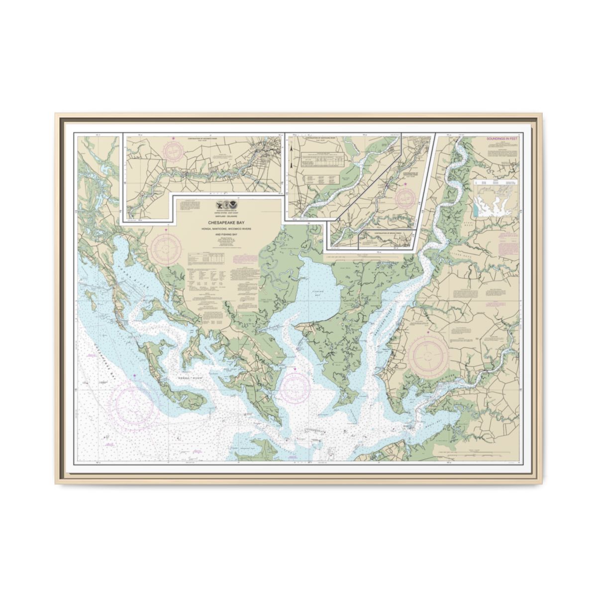 Chart 12261 Chesapeake Bay Honga, Nanticoke, Wicomico Rivers and Fishing Bay - NOAA Nautical Chart Floating Frame Canvas | 32" x 24" | 40" x 30" - Natural front