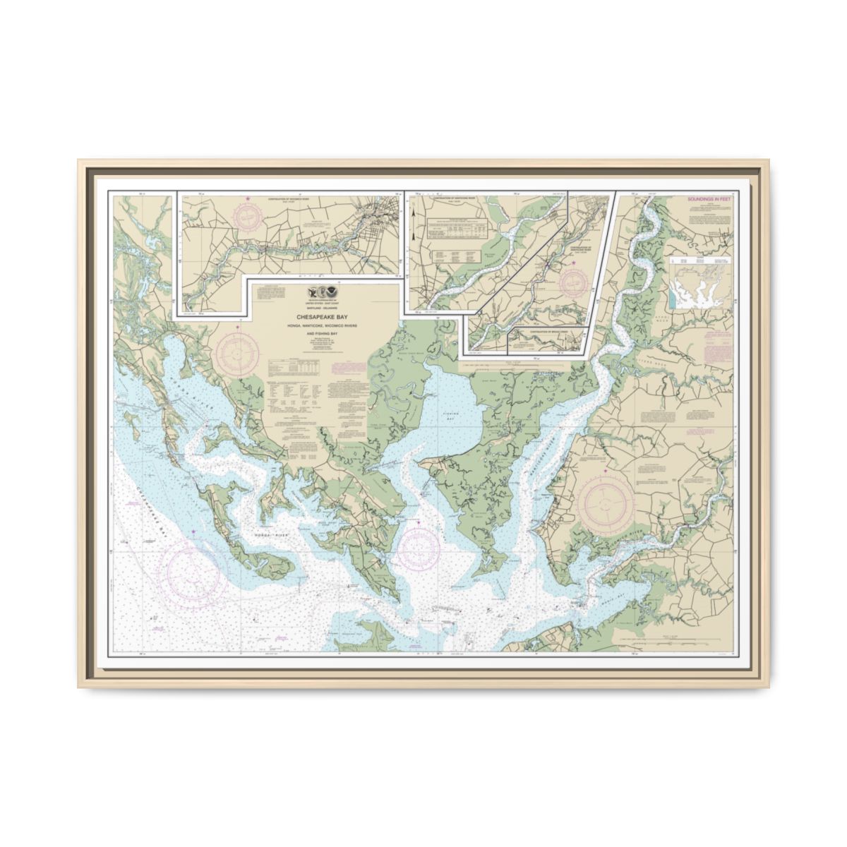 Chart 12261 Chesapeake Bay Honga, Nanticoke, Wicomico Rivers and Fishing Bay - NOAA Nautical Chart Floating Frame Canvas | 32" x 24" | 40" x 30" - Natural front