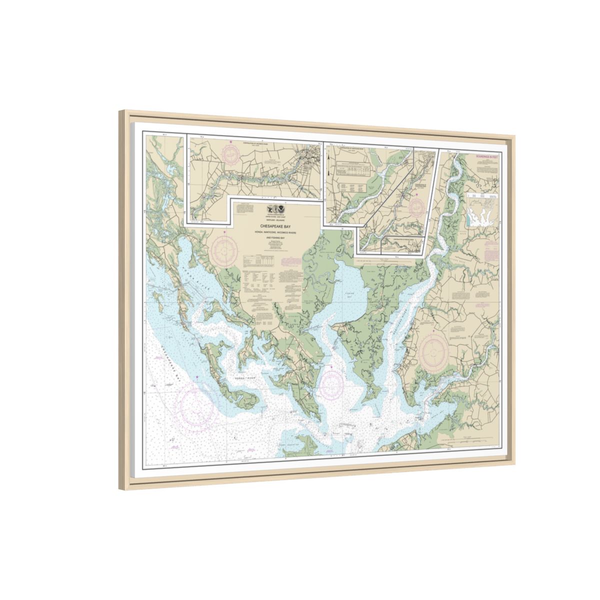 Chart 12261 Chesapeake Bay Honga, Nanticoke, Wicomico Rivers and Fishing Bay - NOAA Nautical Chart Floating Frame Canvas | 32" x 24" | 40" x 30" - Natural side