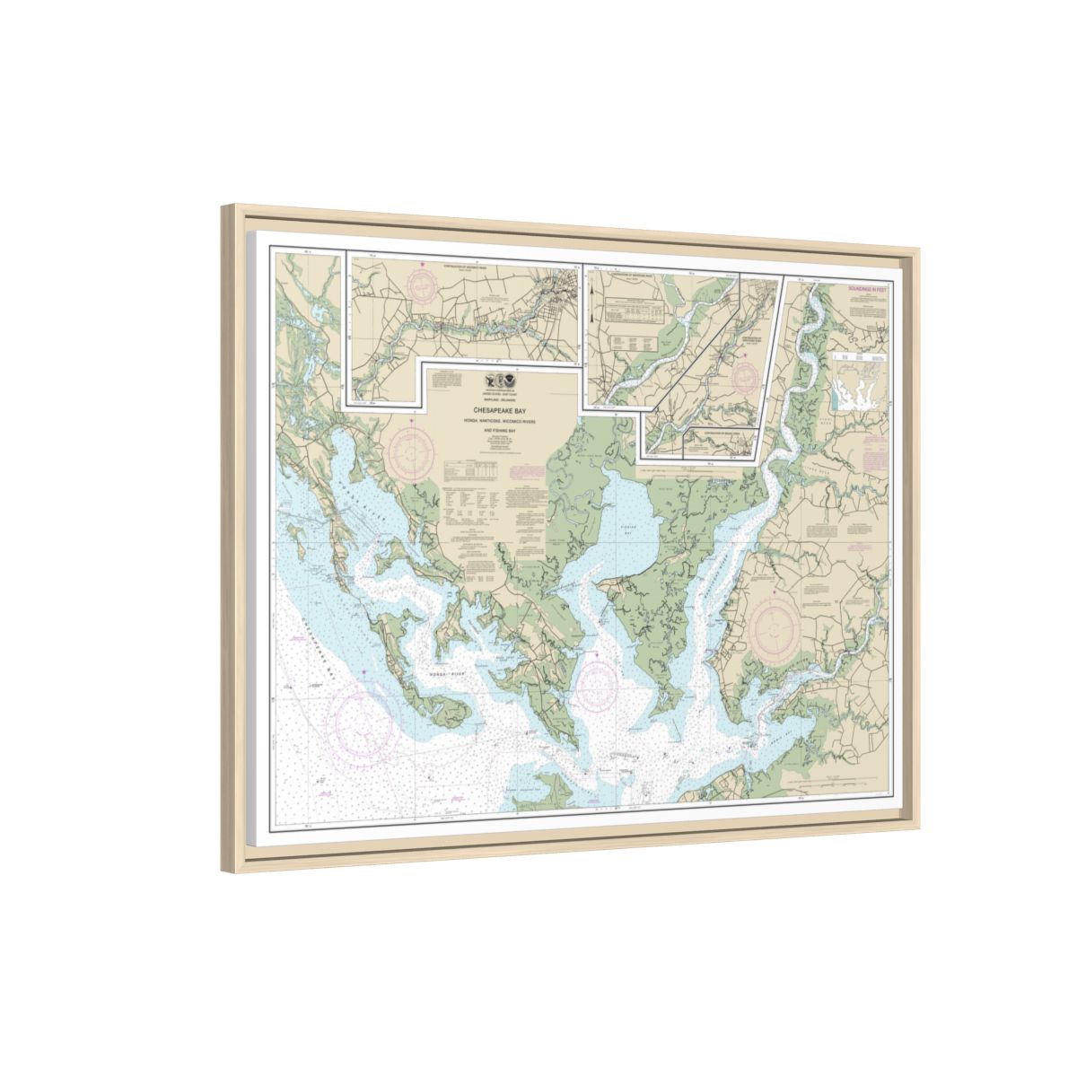 Chart 12261 Chesapeake Bay Honga, Nanticoke, Wicomico Rivers and Fishing Bay - NOAA Nautical Chart Floating Frame Canvas | 32" x 24" | 40" x 30" - Natural side