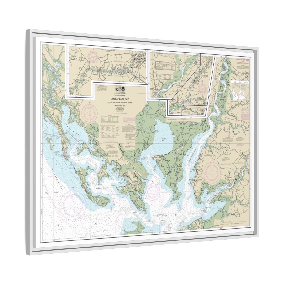 Chart 12261 Chesapeake Bay Honga, Nanticoke, Wicomico Rivers and Fishing Bay - NOAA Nautical Chart Floating Frame Canvas | 32" x 24" | 40" x 30" - White side