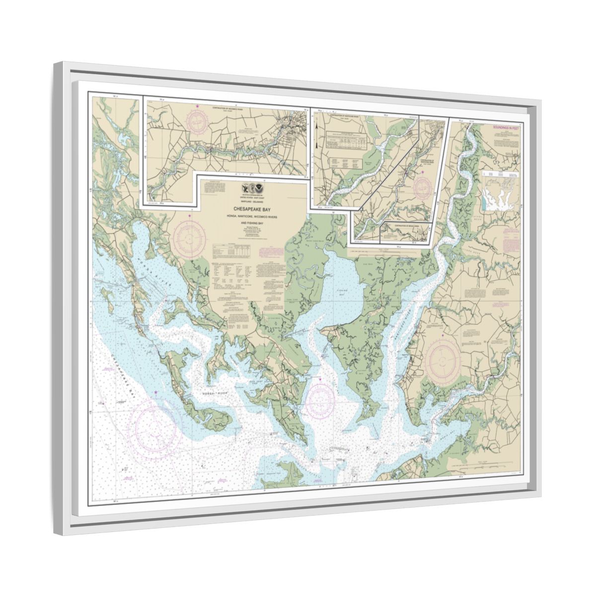 Chart 12261 Chesapeake Bay Honga, Nanticoke, Wicomico Rivers and Fishing Bay - NOAA Nautical Chart Floating Frame Canvas | 32" x 24" | 40" x 30" - White side