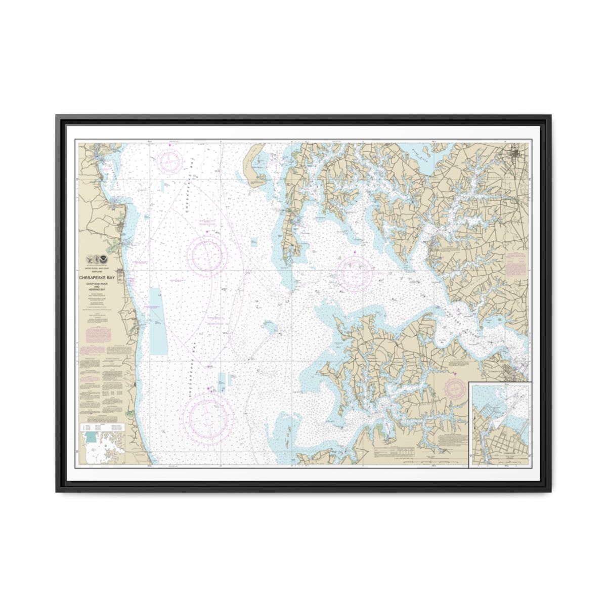 Chart 12266 Chesapeake Bay Choptank River and Herring Bay; Cambridge - NOAA Nautical Chart Floating Frame Canvas | 32" x 24" | 40" x 30" - Black front