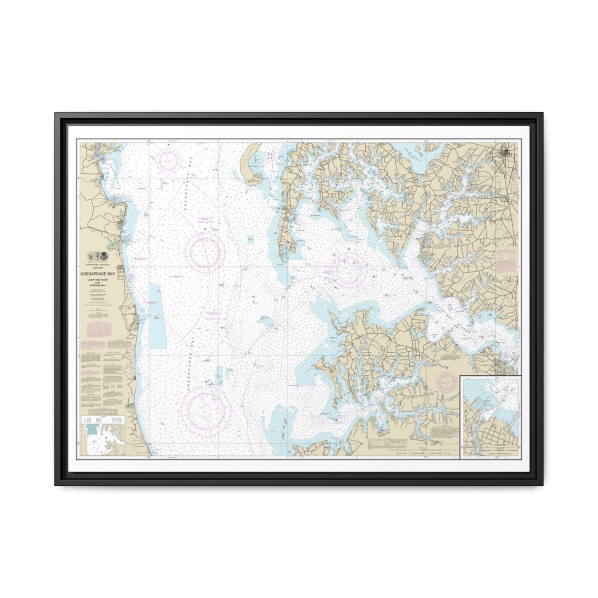 Chart 12266 Chesapeake Bay Choptank River and Herring Bay; Cambridge - NOAA Nautical Chart Floating Frame Canvas | 32" x 24" | 40" x 30" - Black front
