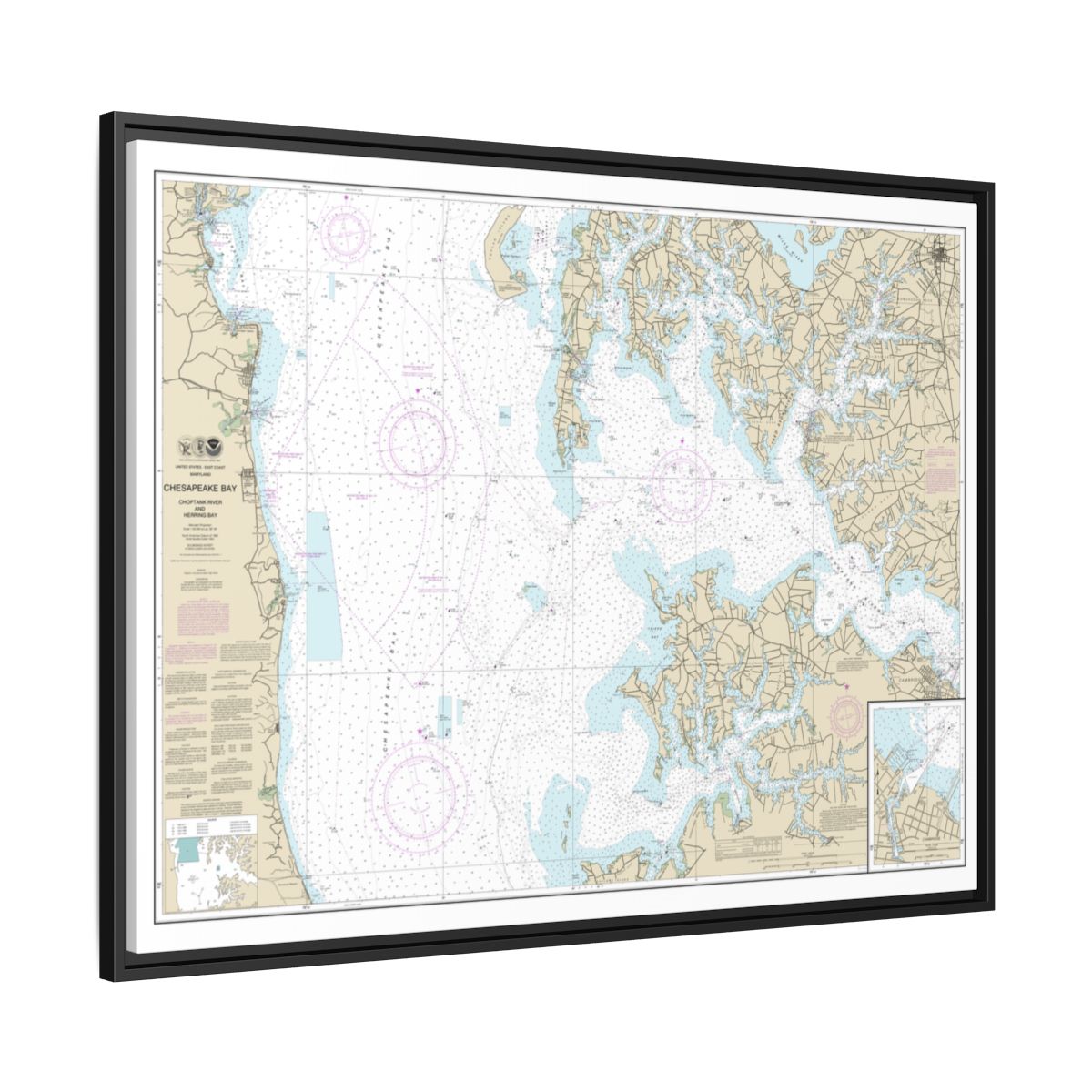 Chart 12266 Chesapeake Bay Choptank River and Herring Bay; Cambridge - NOAA Nautical Chart Floating Frame Canvas | 32" x 24" | 40" x 30" - Black side