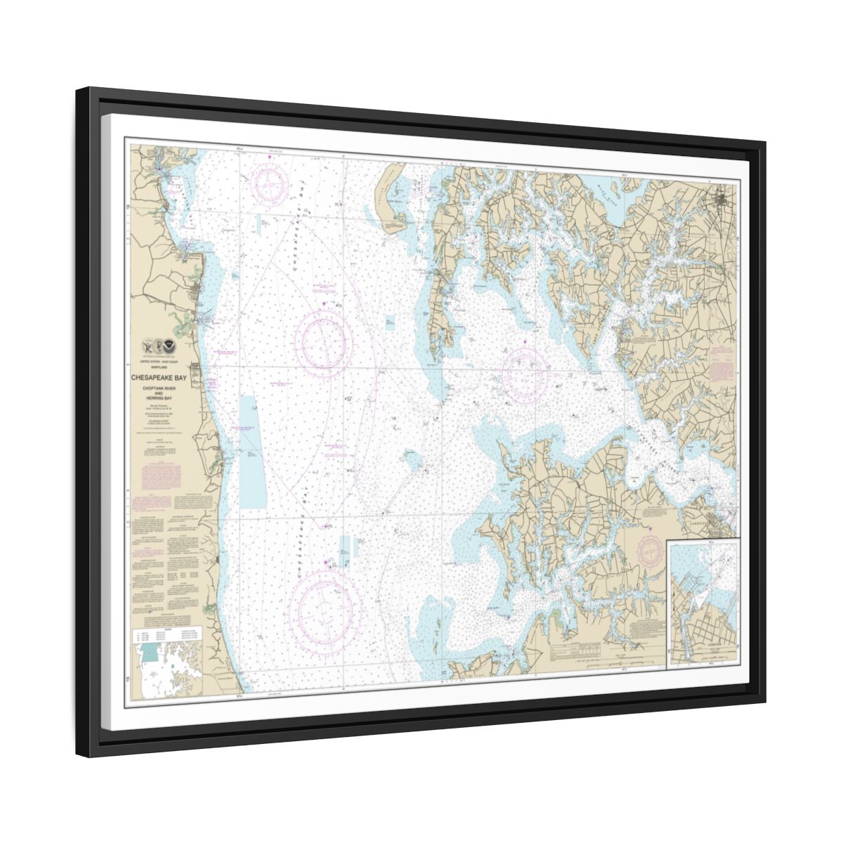 Chart 12266 Chesapeake Bay Choptank River and Herring Bay; Cambridge - NOAA Nautical Chart Floating Frame Canvas | 32" x 24" | 40" x 30" - Black side