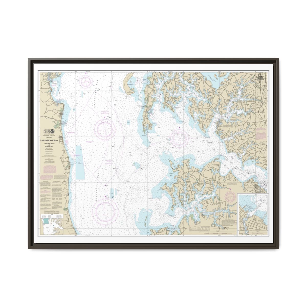 Chart 12266 Chesapeake Bay Choptank River and Herring Bay; Cambridge - NOAA Nautical Chart Floating Frame Canvas | 32" x 24" | 40" x 30" - Espresso front