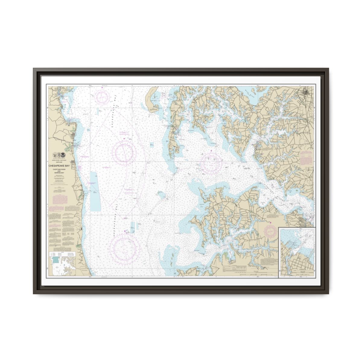Chart 12266 Chesapeake Bay Choptank River and Herring Bay; Cambridge - NOAA Nautical Chart Floating Frame Canvas | 32" x 24" | 40" x 30" - Espresso front