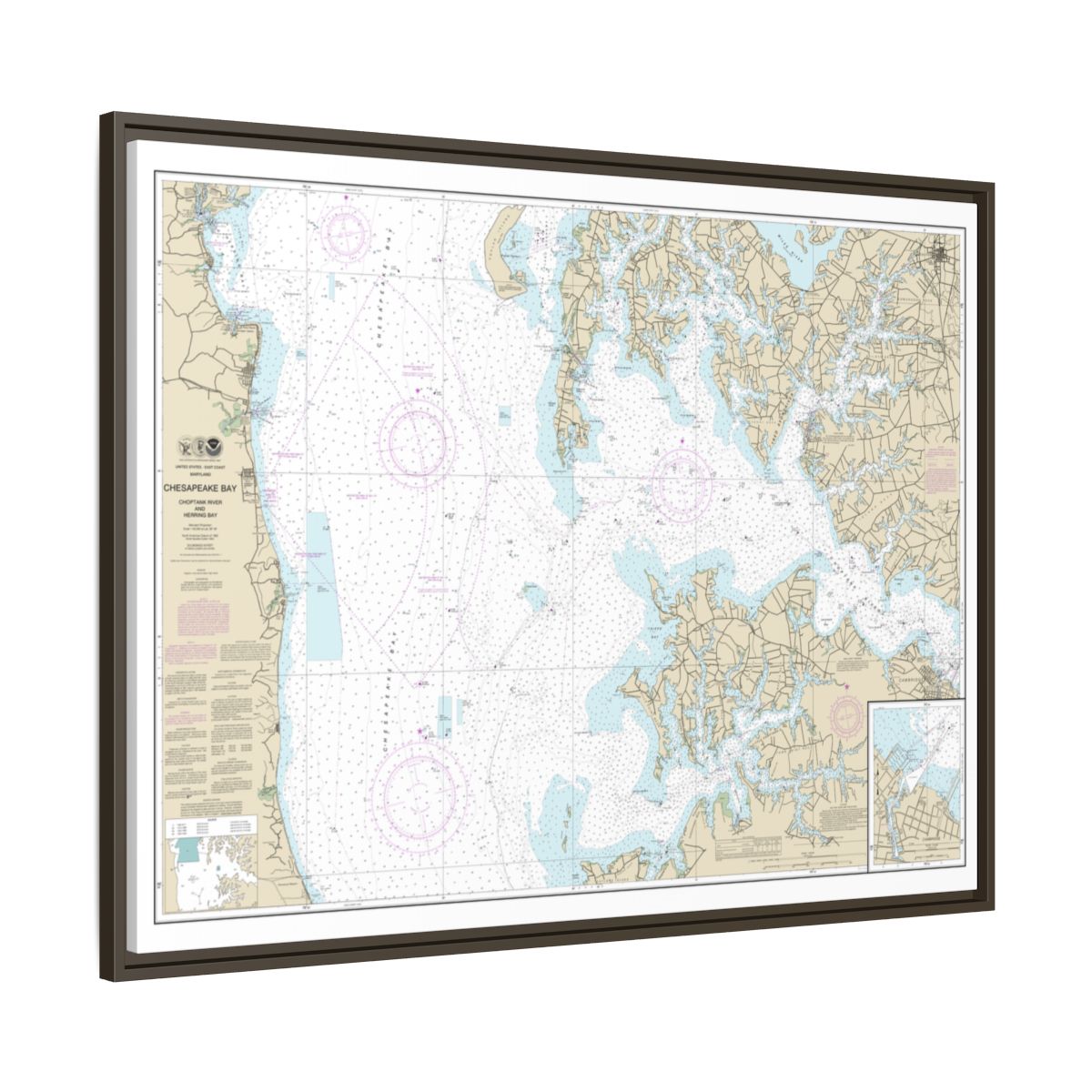 Chart 12266 Chesapeake Bay Choptank River and Herring Bay; Cambridge - NOAA Nautical Chart Floating Frame Canvas | 32" x 24" | 40" x 30" - Espresso side