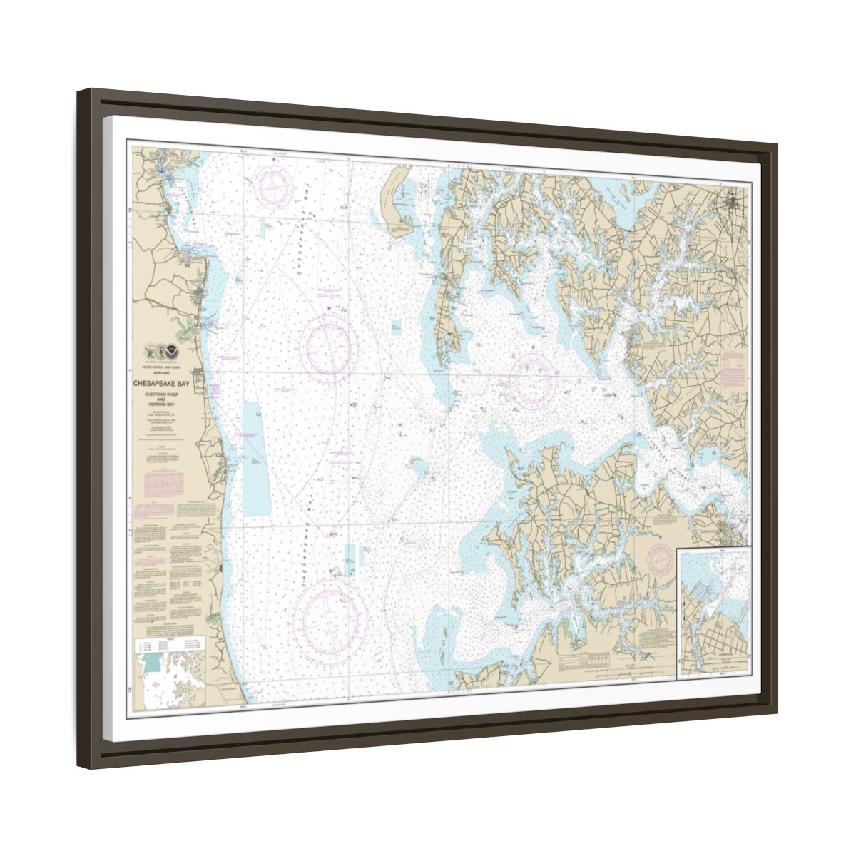 Chart 12266 Chesapeake Bay Choptank River and Herring Bay; Cambridge - NOAA Nautical Chart Floating Frame Canvas | 32" x 24" | 40" x 30" - Espresso side