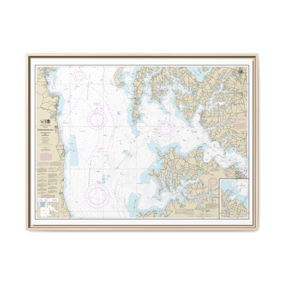 Chart 12266 Chesapeake Bay Choptank River and Herring Bay; Cambridge - NOAA Nautical Chart Floating Frame Canvas | 32" x 24" | 40" x 30" - Natural front
