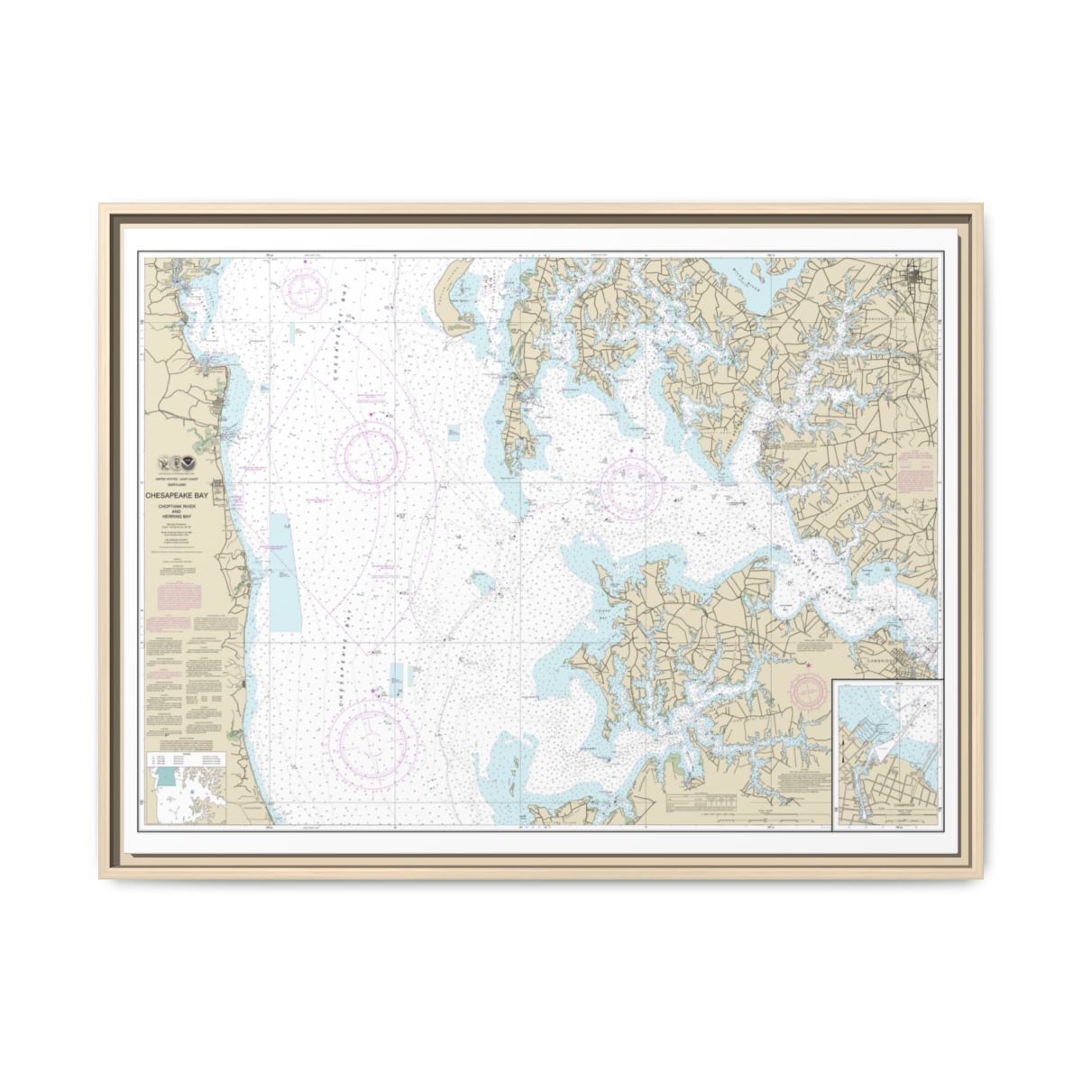 Chart 12266 Chesapeake Bay Choptank River and Herring Bay; Cambridge - NOAA Nautical Chart Floating Frame Canvas | 32" x 24" | 40" x 30" - Natural front