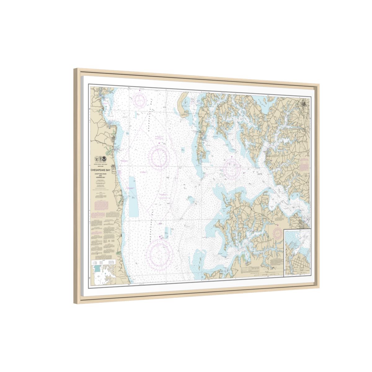 Chart 12266 Chesapeake Bay Choptank River and Herring Bay; Cambridge - NOAA Nautical Chart Floating Frame Canvas | 32" x 24" | 40" x 30" - Natural side