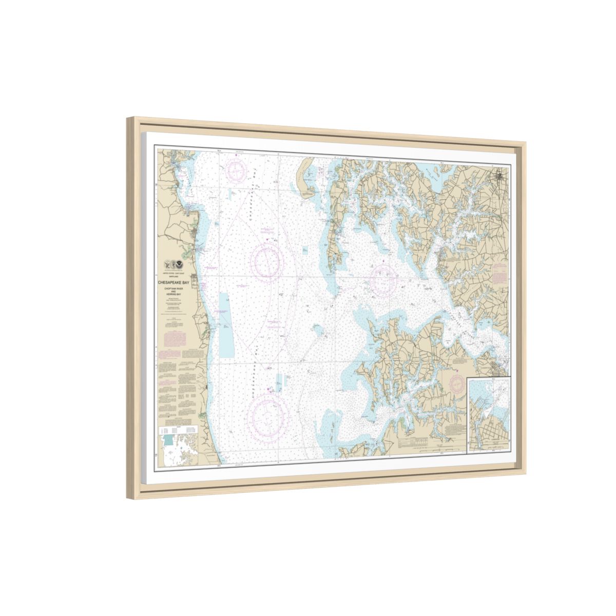 Chart 12266 Chesapeake Bay Choptank River and Herring Bay; Cambridge - NOAA Nautical Chart Floating Frame Canvas | 32" x 24" | 40" x 30" - Natural side