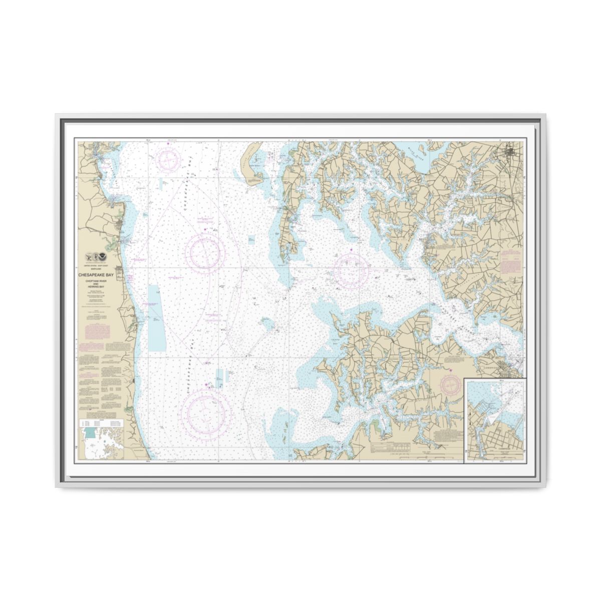 Chart 12266 Chesapeake Bay Choptank River and Herring Bay; Cambridge - NOAA Nautical Chart Floating Frame Canvas | 32" x 24" | 40" x 30" - White front