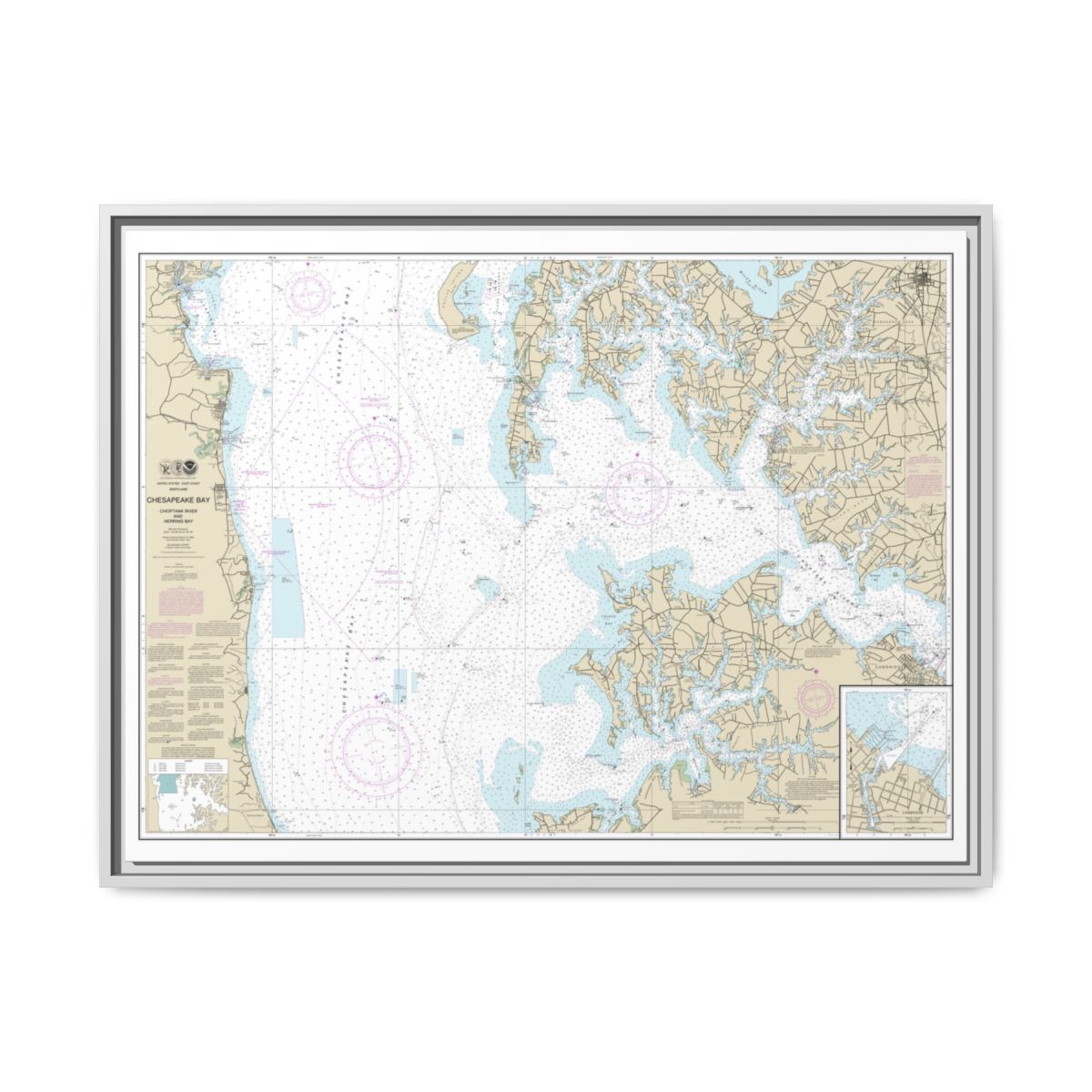 Chart 12266 Chesapeake Bay Choptank River and Herring Bay; Cambridge - NOAA Nautical Chart Floating Frame Canvas | 32" x 24" | 40" x 30" - White front