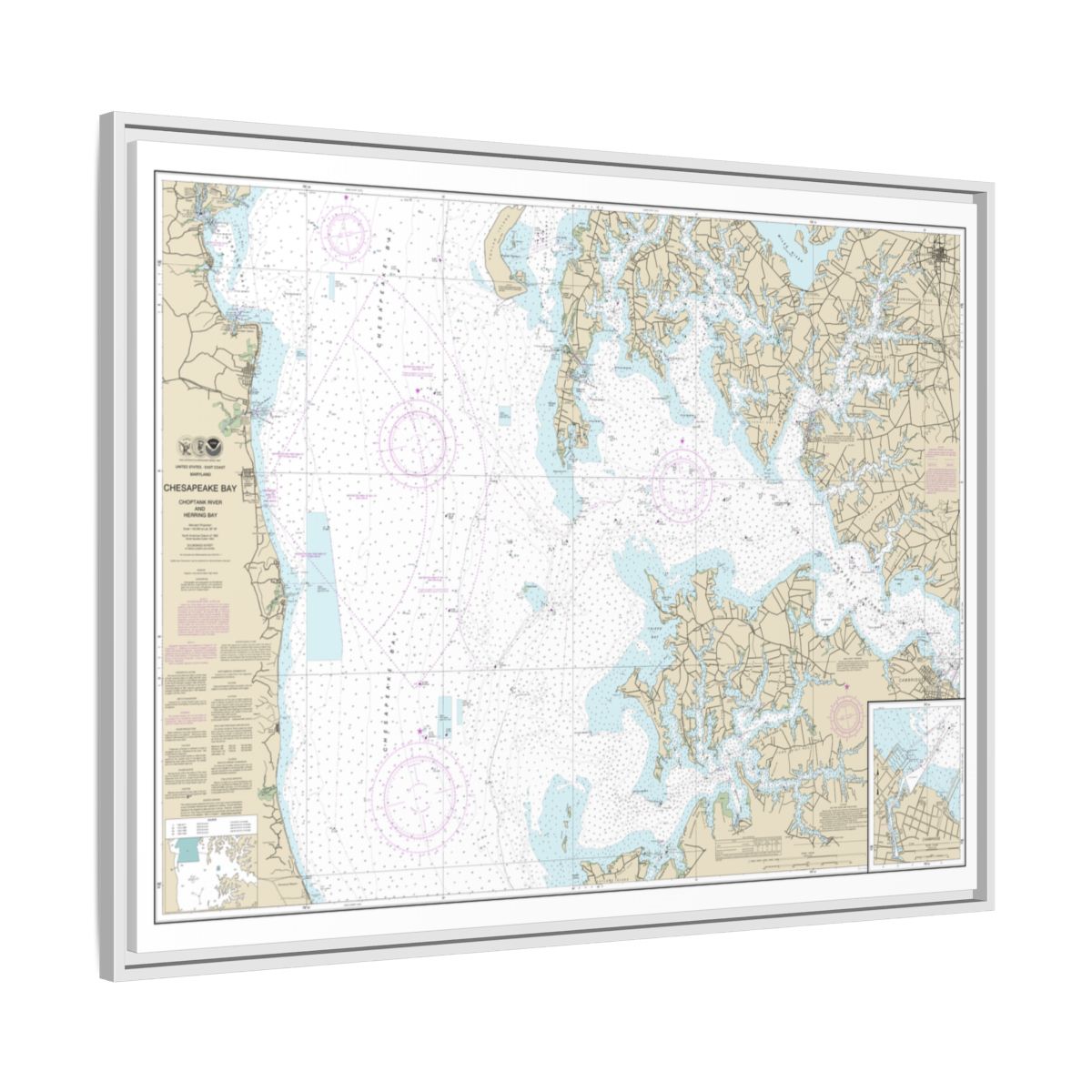 Chart 12266 Chesapeake Bay Choptank River and Herring Bay; Cambridge - NOAA Nautical Chart Floating Frame Canvas | 32" x 24" | 40" x 30" - White side