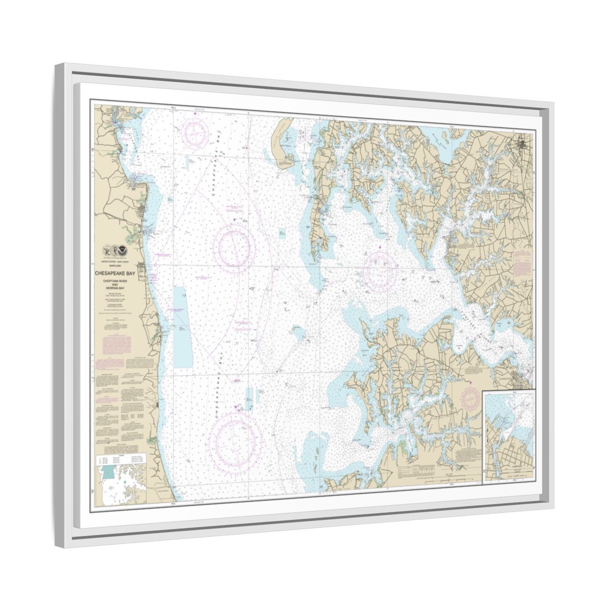 Chart 12266 Chesapeake Bay Choptank River and Herring Bay; Cambridge - NOAA Nautical Chart Floating Frame Canvas | 32" x 24" | 40" x 30" - White side
