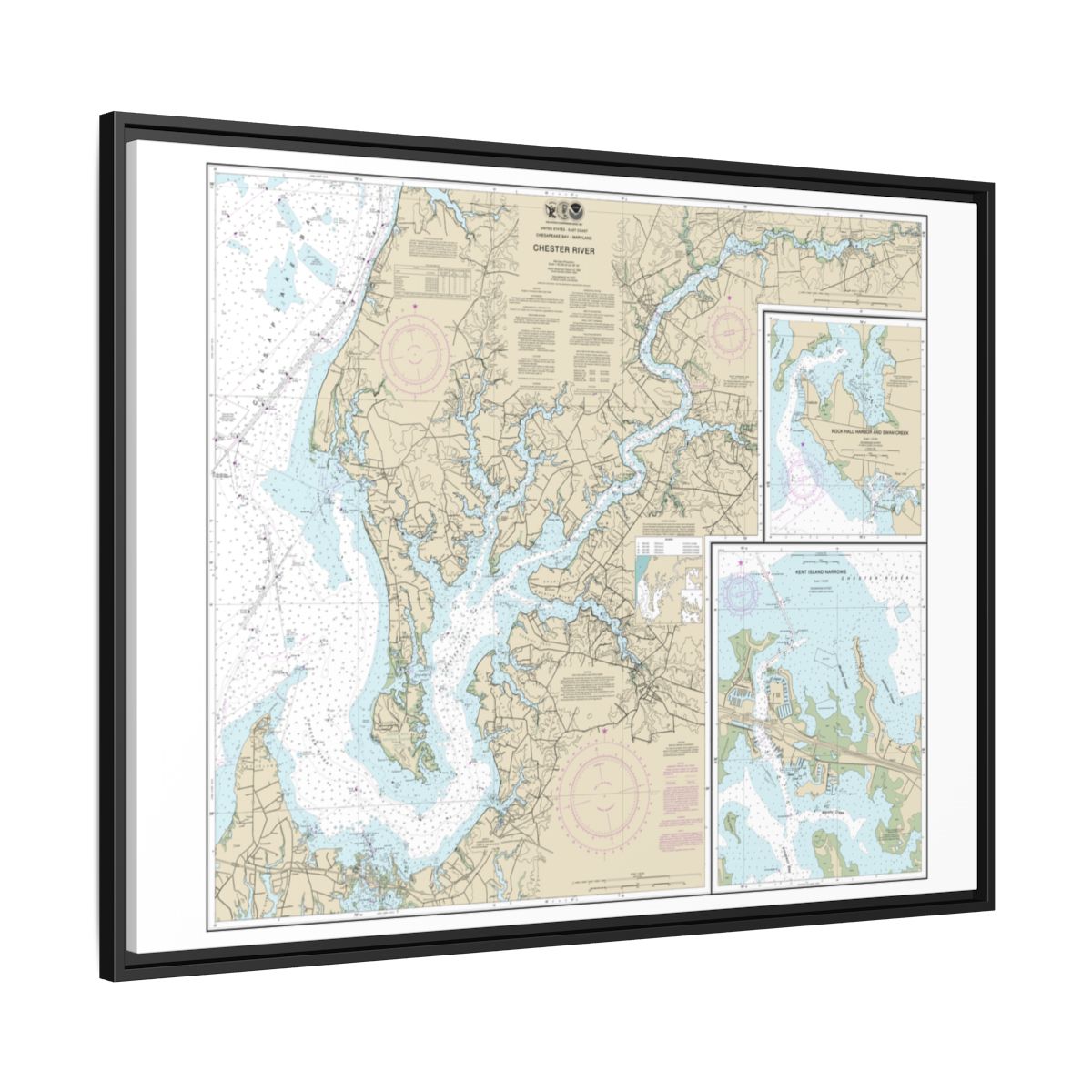 Chart 12272 Chester River; Kent Island Narrows, Rock Hall Harbor and Swan Creek - NOAA Nautical Chart Floating Frame Canvas | 32" x 24" | 40" x 30" - Black side