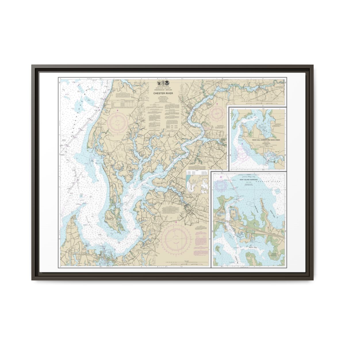 Chart 12272 Chester River; Kent Island Narrows, Rock Hall Harbor and Swan Creek - NOAA Nautical Chart Floating Frame Canvas | 32" x 24" | 40" x 30" - Espresso front