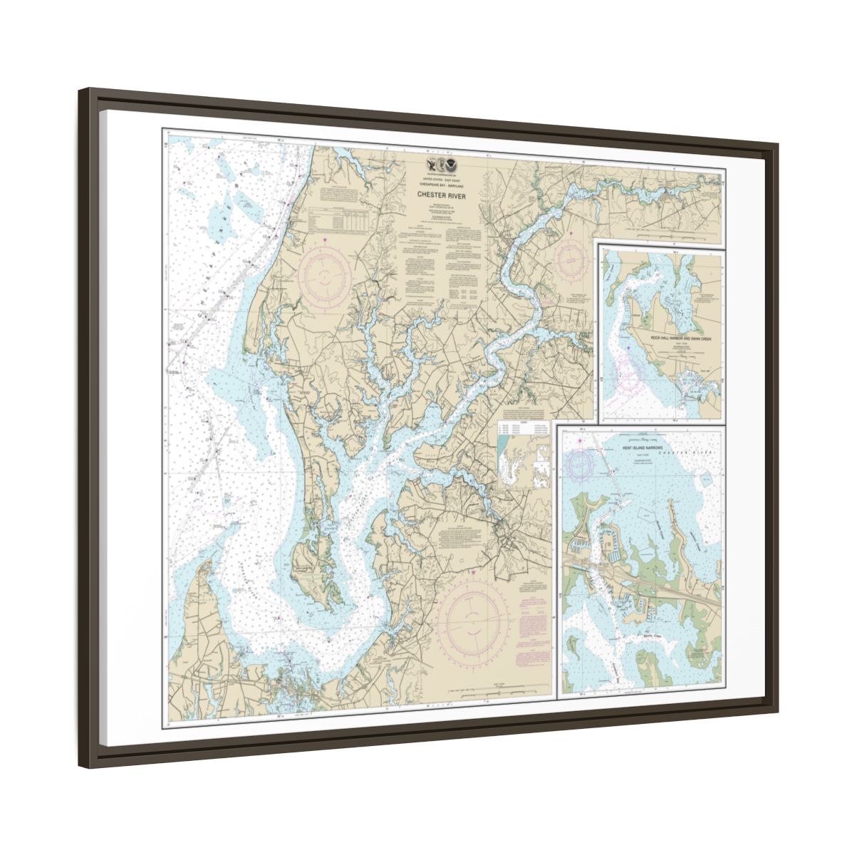 Chart 12272 Chester River; Kent Island Narrows, Rock Hall Harbor and Swan Creek - NOAA Nautical Chart Floating Frame Canvas | 32" x 24" | 40" x 30" - Espresso side