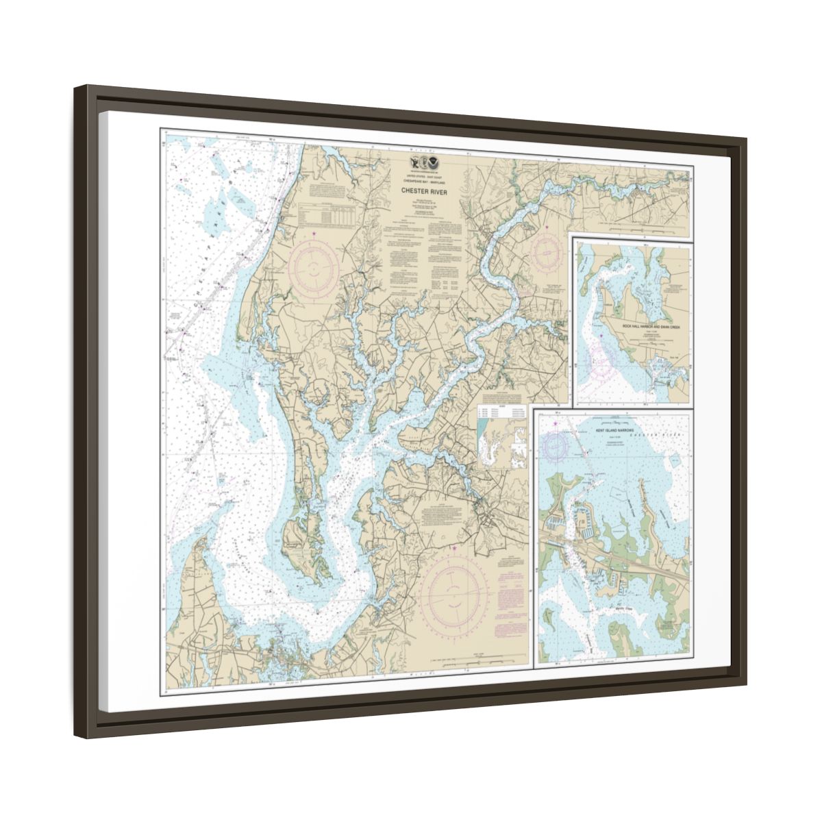 Chart 12272 Chester River; Kent Island Narrows, Rock Hall Harbor and Swan Creek - NOAA Nautical Chart Floating Frame Canvas | 32" x 24" | 40" x 30" - Espresso side