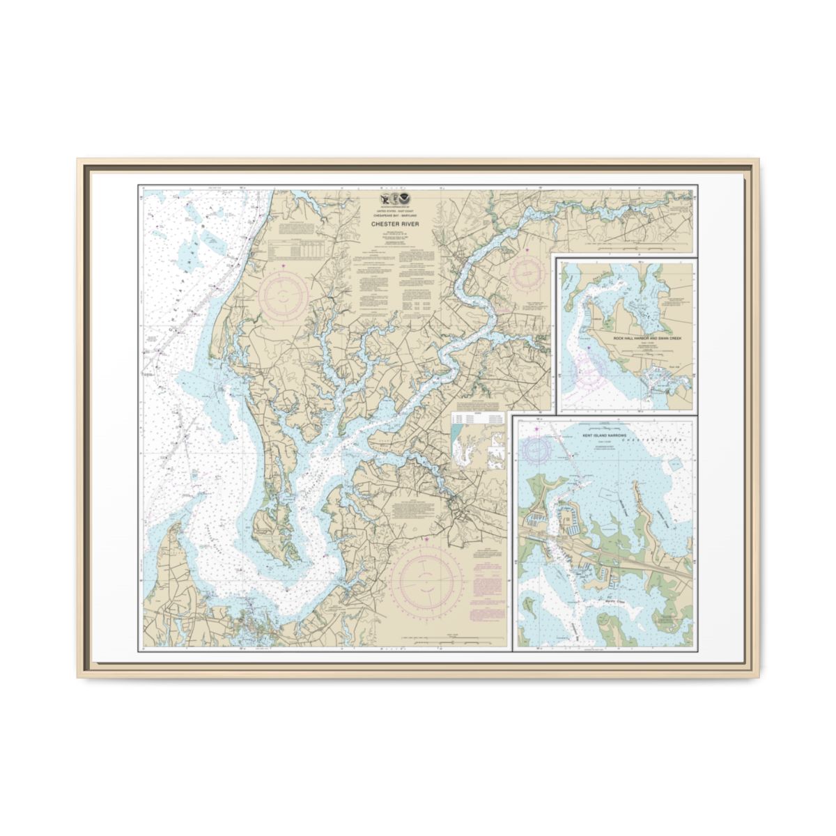 Chart 12272 Chester River; Kent Island Narrows, Rock Hall Harbor and Swan Creek - NOAA Nautical Chart Floating Frame Canvas | 32" x 24" | 40" x 30" - Natural front