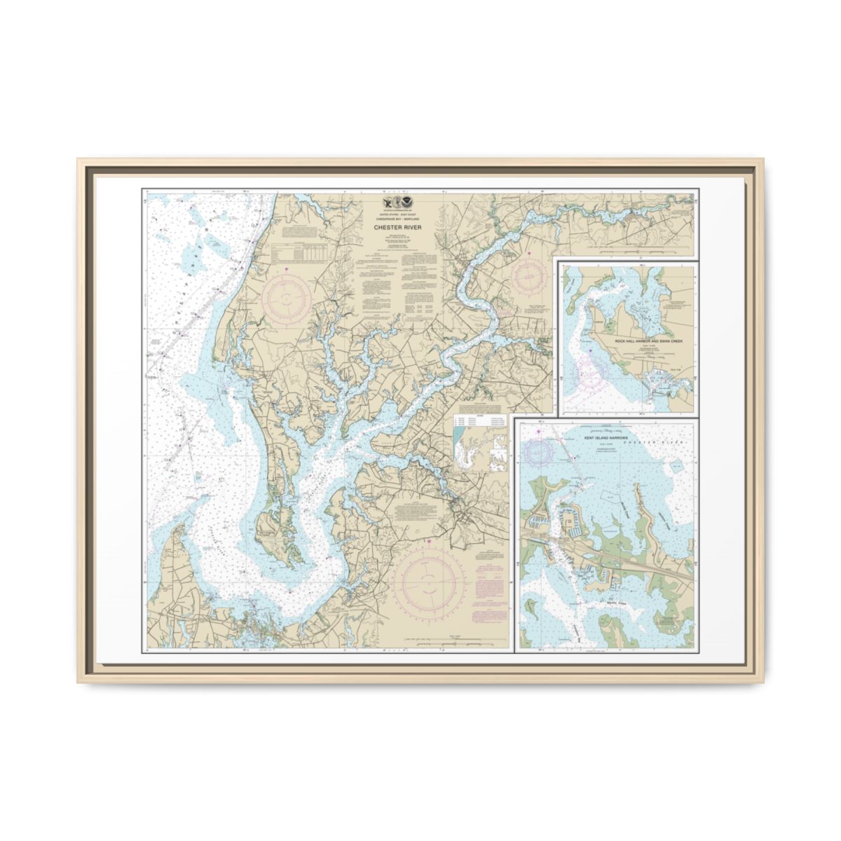 Chart 12272 Chester River; Kent Island Narrows, Rock Hall Harbor and Swan Creek - NOAA Nautical Chart Floating Frame Canvas | 32" x 24" | 40" x 30" - Natural front