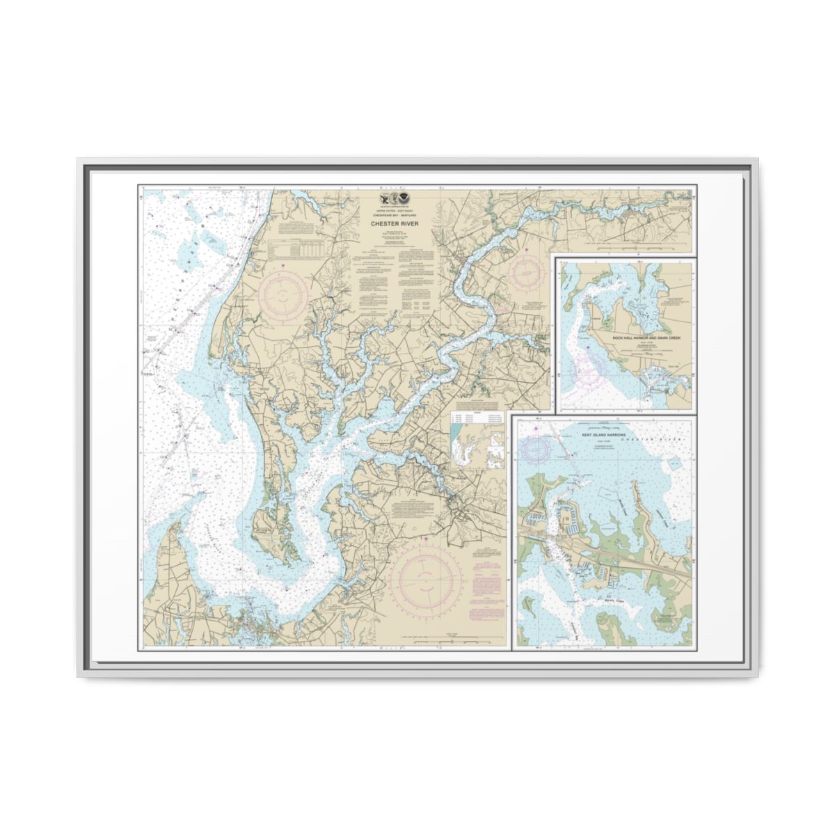 Chart 12272 Chester River; Kent Island Narrows, Rock Hall Harbor and Swan Creek - NOAA Nautical Chart Floating Frame Canvas | 32" x 24" | 40" x 30" - White front