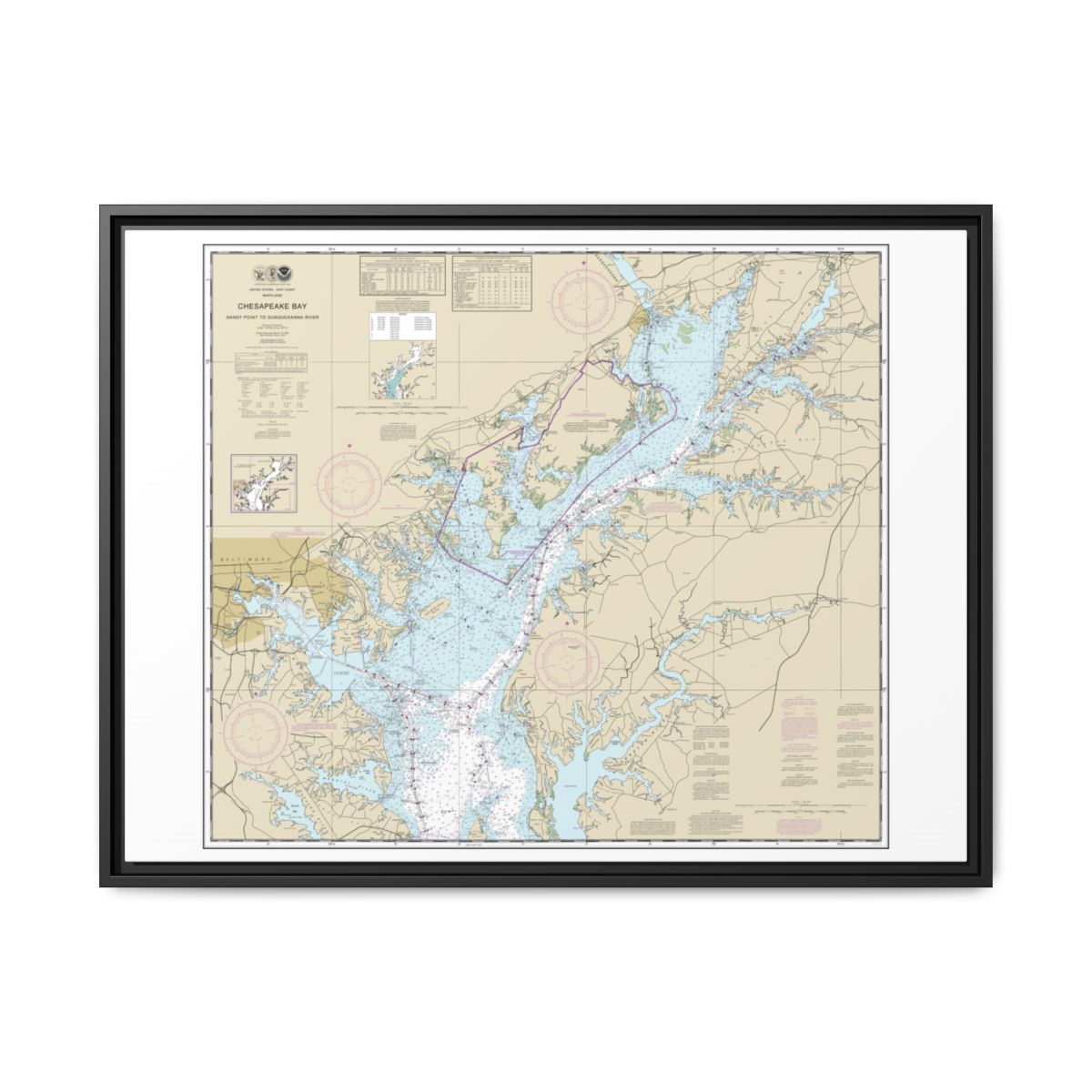 Chart 12273 Chesapeake Bay Sandy Point to Susquehanna River - NOAA Nautical Chart Floating Frame Canvas | 32" x 24" | 40" x 30" - Black front