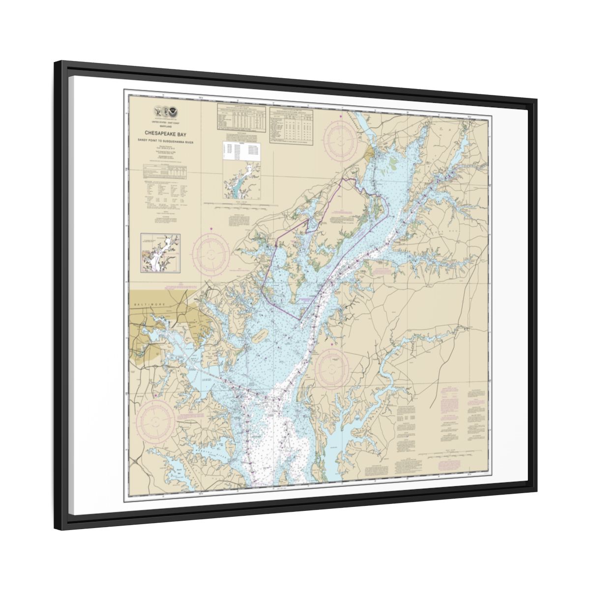 Chart 12273 Chesapeake Bay Sandy Point to Susquehanna River - NOAA Nautical Chart Floating Frame Canvas | 32" x 24" | 40" x 30" - Black side