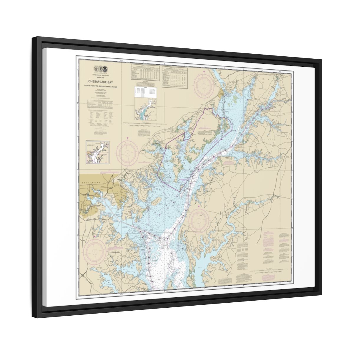Chart 12273 Chesapeake Bay Sandy Point to Susquehanna River - NOAA Nautical Chart Floating Frame Canvas | 32" x 24" | 40" x 30" - Black side