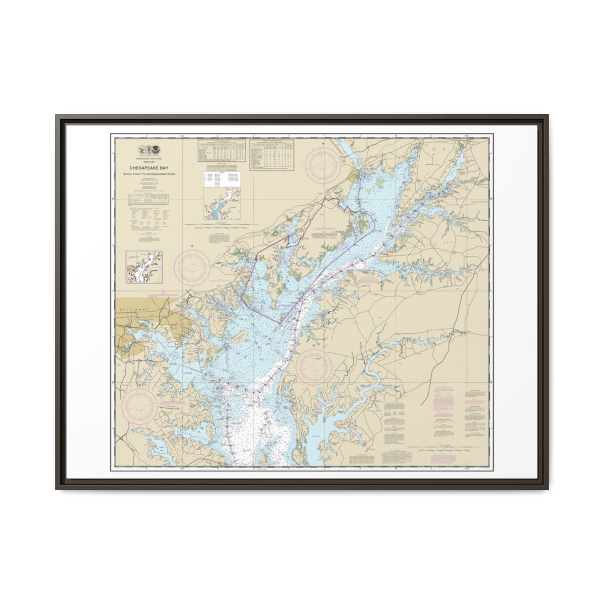 Chart 12273 Chesapeake Bay Sandy Point to Susquehanna River - NOAA Nautical Chart Floating Frame Canvas | 32" x 24" | 40" x 30" - Espresso front