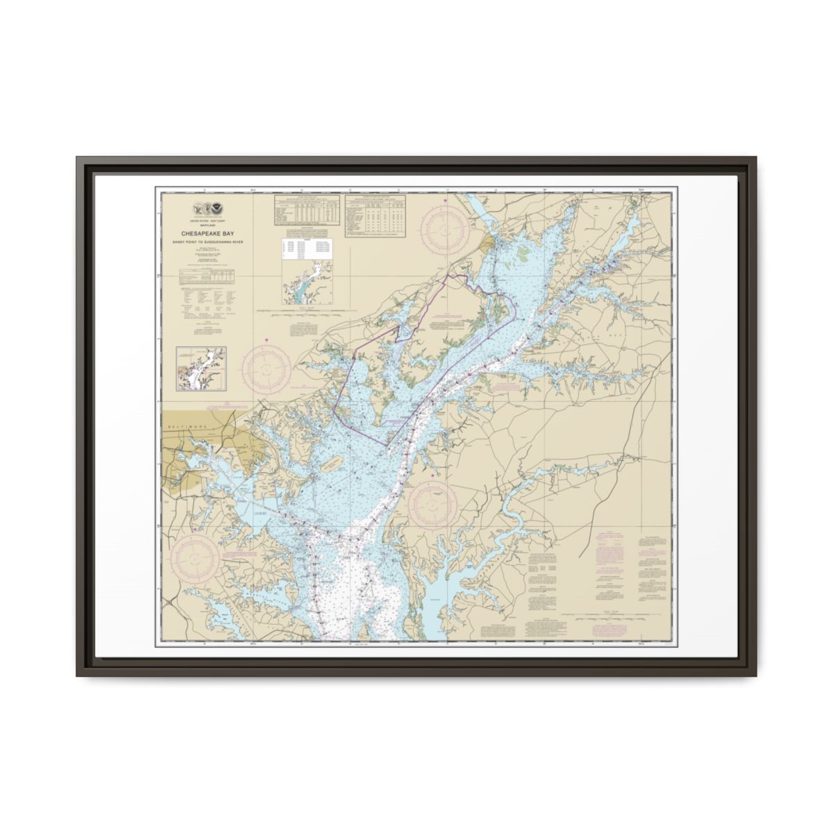 Chart 12273 Chesapeake Bay Sandy Point to Susquehanna River - NOAA Nautical Chart Floating Frame Canvas | 32" x 24" | 40" x 30" - Espresso front