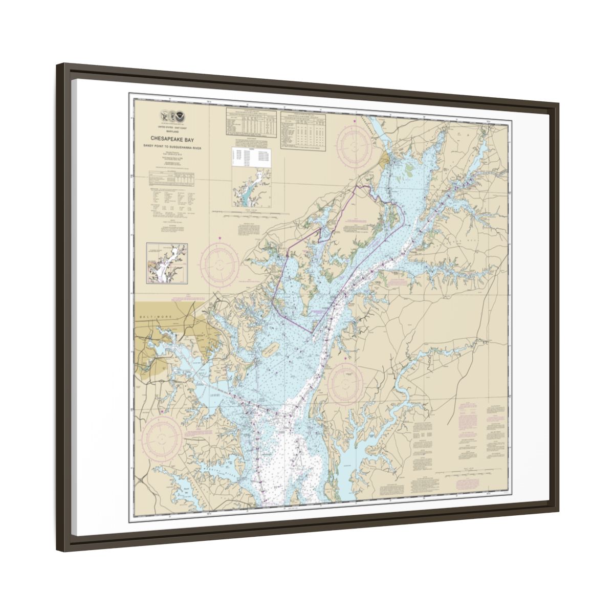 Chart 12273 Chesapeake Bay Sandy Point to Susquehanna River - NOAA Nautical Chart Floating Frame Canvas | 32" x 24" | 40" x 30" - Espresso side