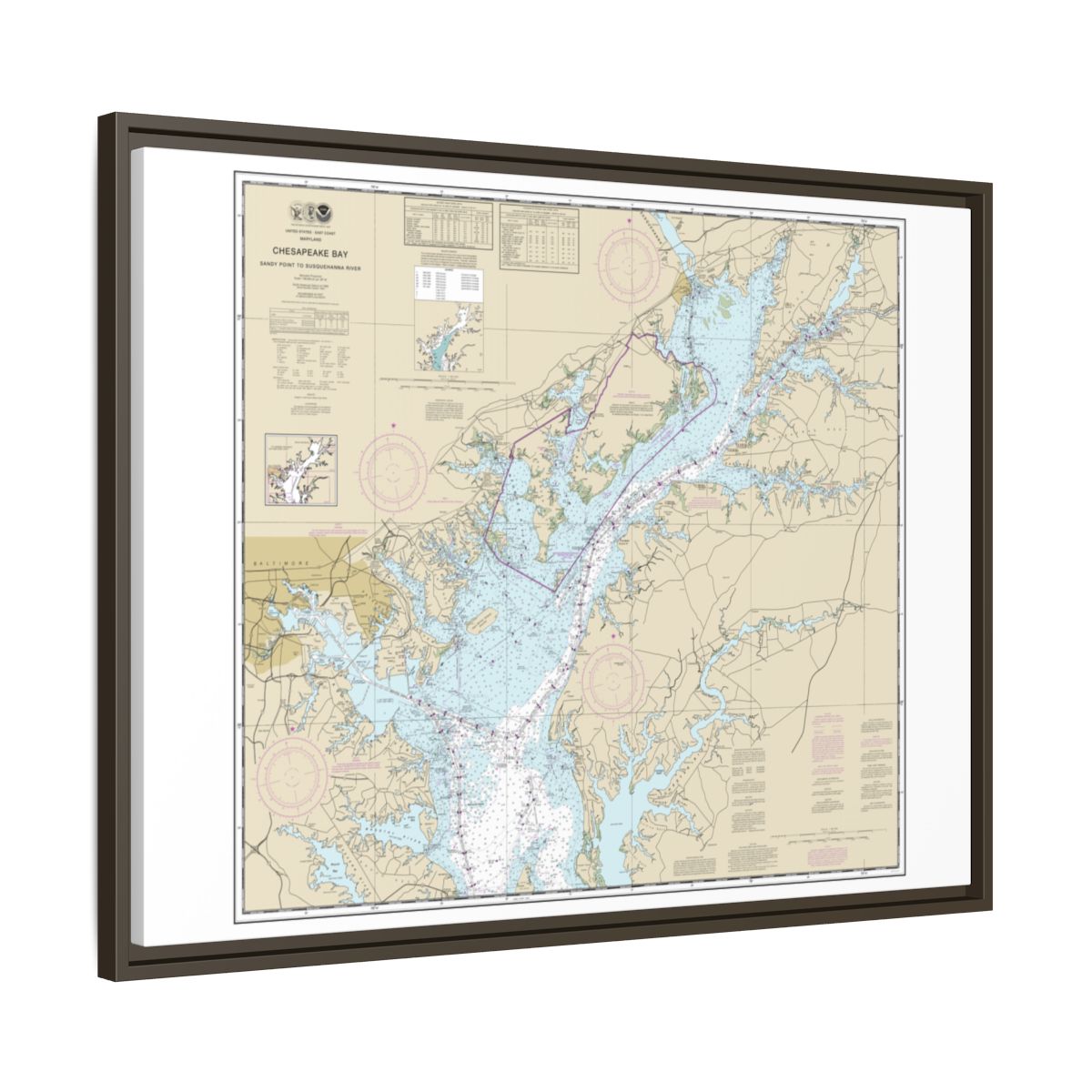 Chart 12273 Chesapeake Bay Sandy Point to Susquehanna River - NOAA Nautical Chart Floating Frame Canvas | 32" x 24" | 40" x 30" - Espresso side