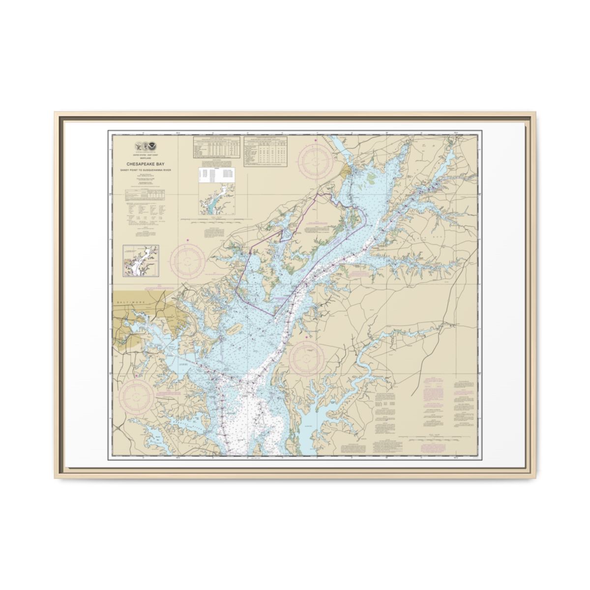 Chart 12273 Chesapeake Bay Sandy Point to Susquehanna River - NOAA Nautical Chart Floating Frame Canvas | 32" x 24" | 40" x 30" - Natural front