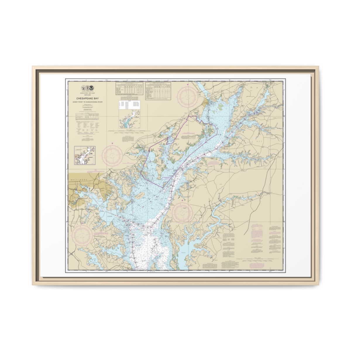 Chart 12273 Chesapeake Bay Sandy Point to Susquehanna River - NOAA Nautical Chart Floating Frame Canvas | 32" x 24" | 40" x 30" - Natural front
