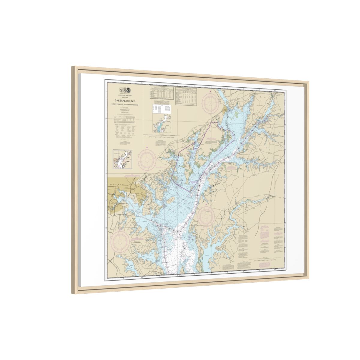 Chart 12273 Chesapeake Bay Sandy Point to Susquehanna River - NOAA Nautical Chart Floating Frame Canvas | 32" x 24" | 40" x 30" - Natural side