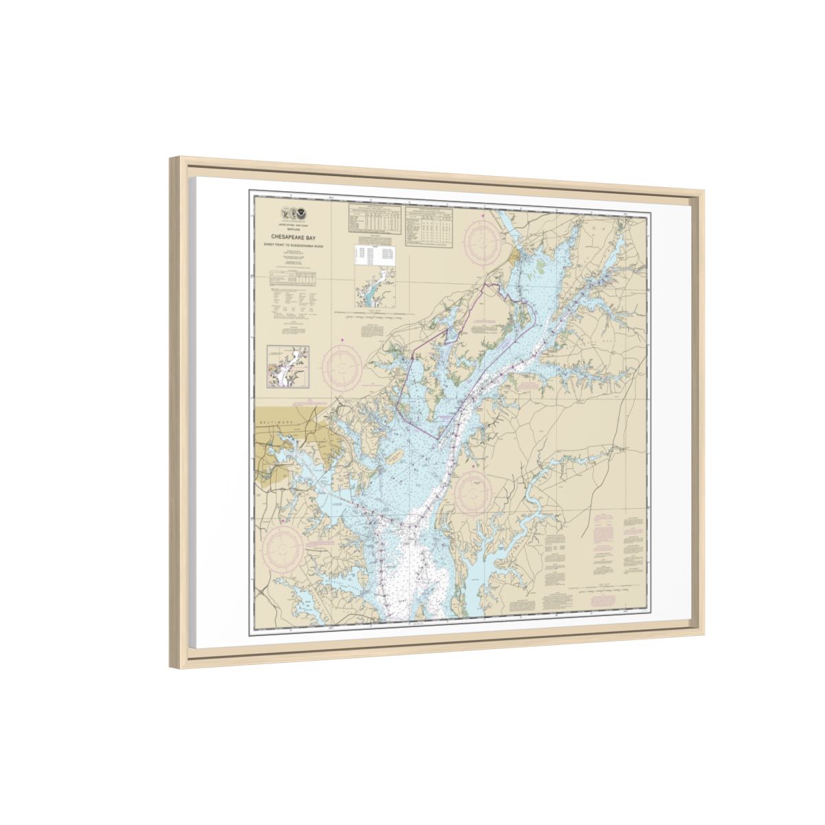 Chart 12273 Chesapeake Bay Sandy Point to Susquehanna River - NOAA Nautical Chart Floating Frame Canvas | 32" x 24" | 40" x 30" - Natural side
