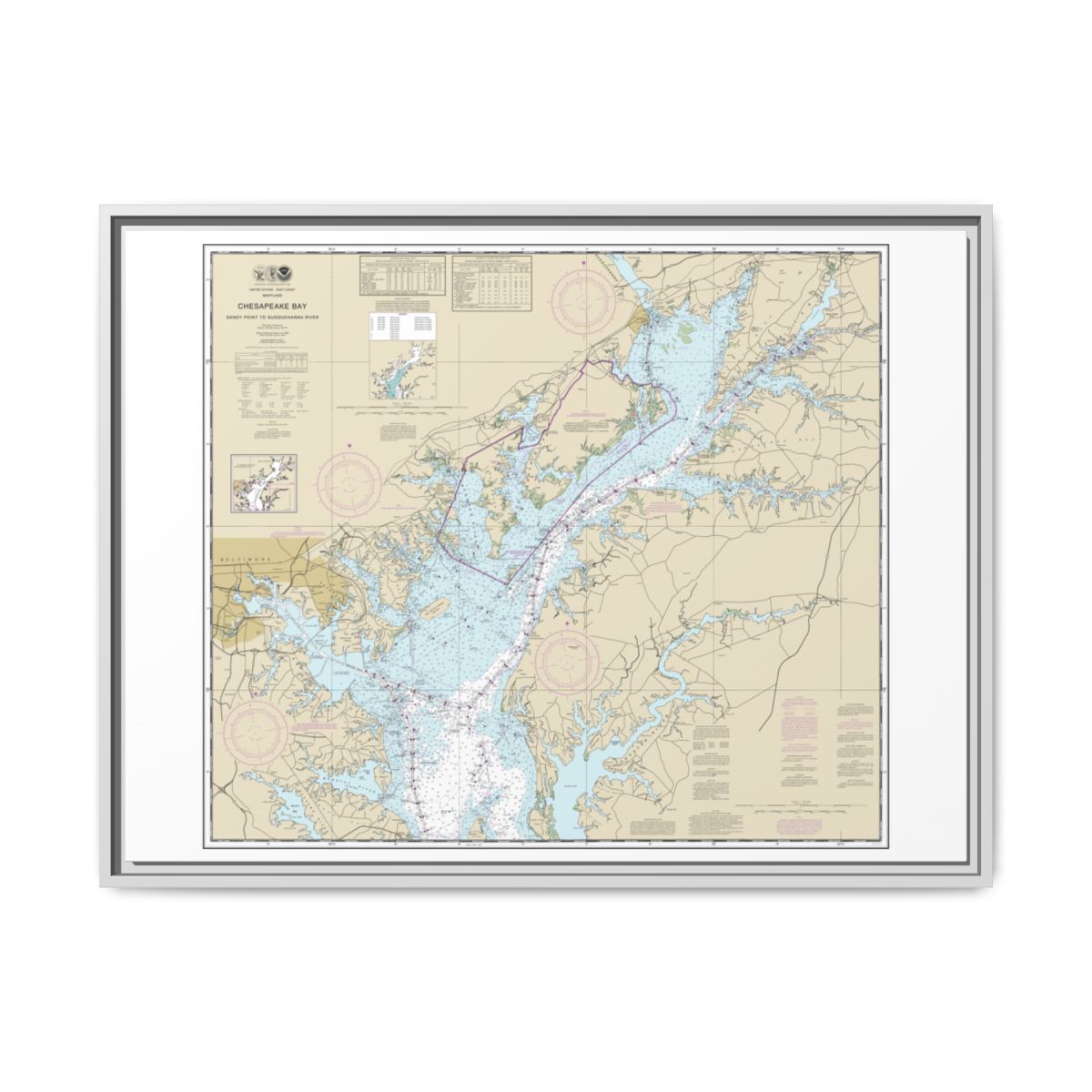 Chart 12273 Chesapeake Bay Sandy Point to Susquehanna River - NOAA Nautical Chart Floating Frame Canvas | 32" x 24" | 40" x 30" - White front
