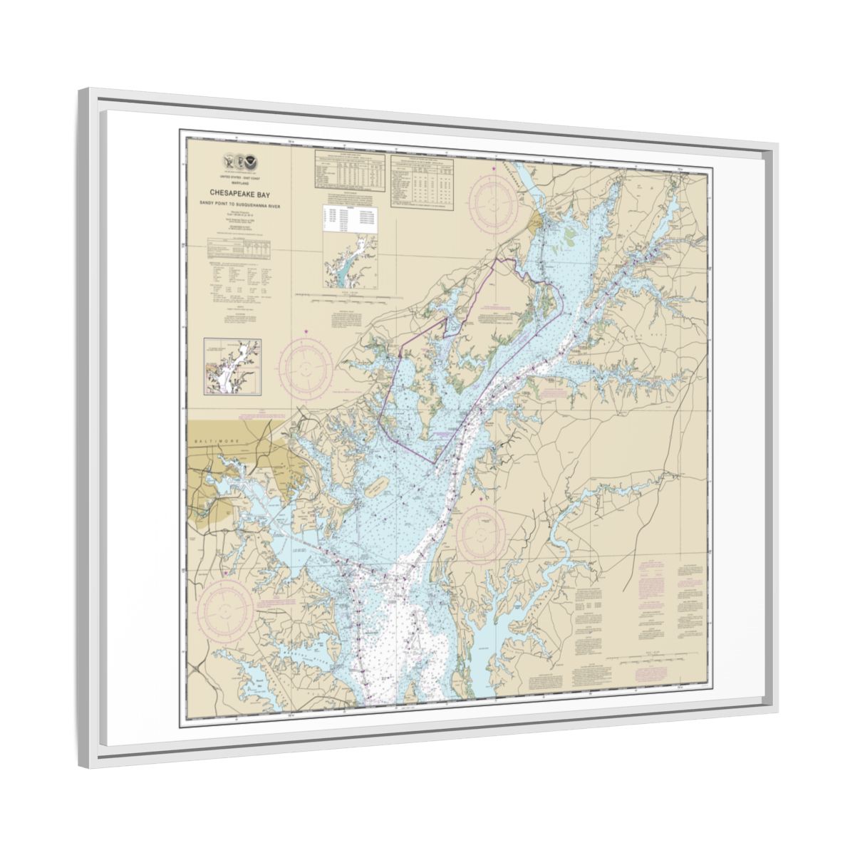 Chart 12273 Chesapeake Bay Sandy Point to Susquehanna River - NOAA Nautical Chart Floating Frame Canvas | 32" x 24" | 40" x 30" - White side