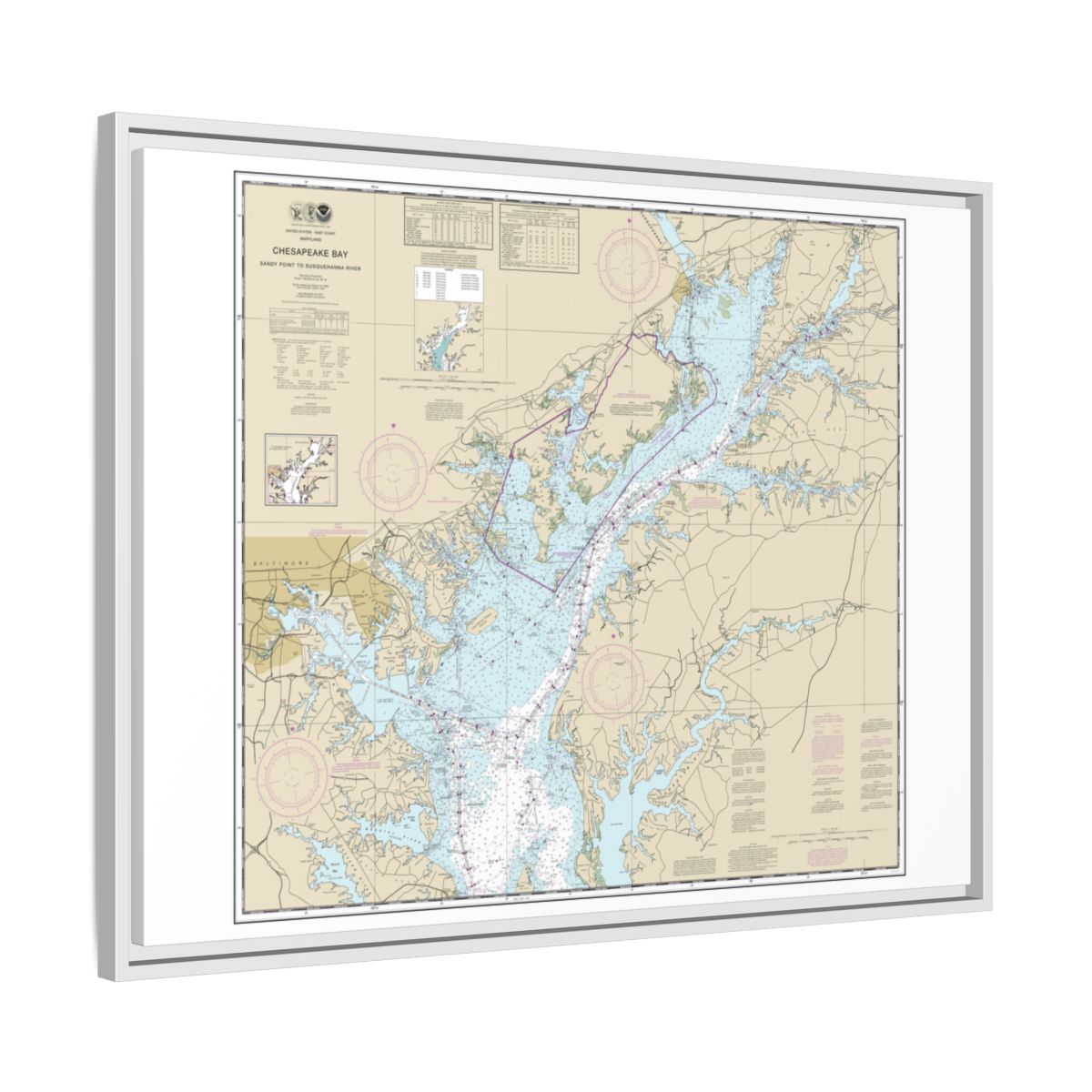 Chart 12273 Chesapeake Bay Sandy Point to Susquehanna River - NOAA Nautical Chart Floating Frame Canvas | 32" x 24" | 40" x 30" - White side