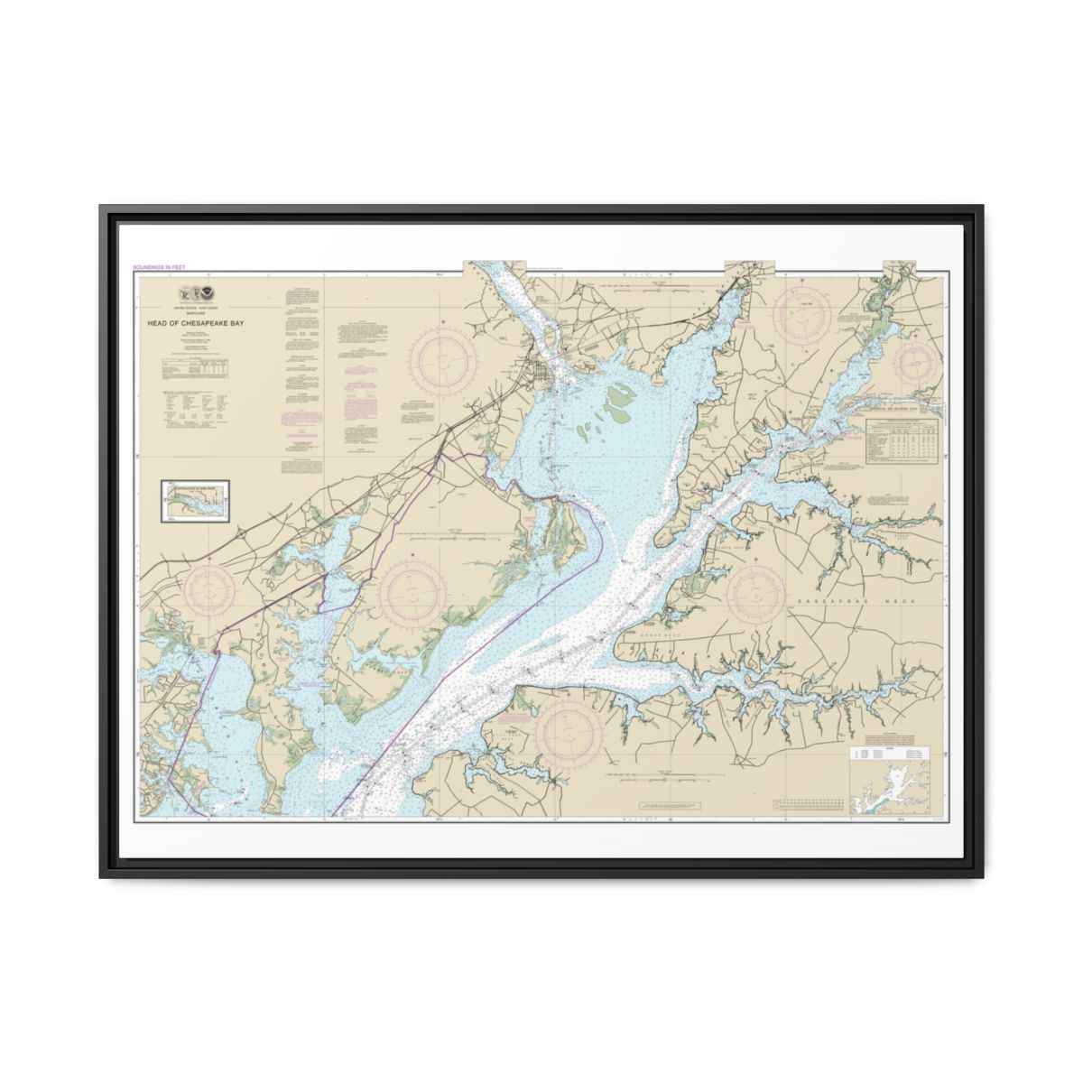 Chart 12274 Head of Chesapeake Bay - NOAA Nautical Chart Floating Frame Canvas | 32" x 24" | 40" x 30" - Black front