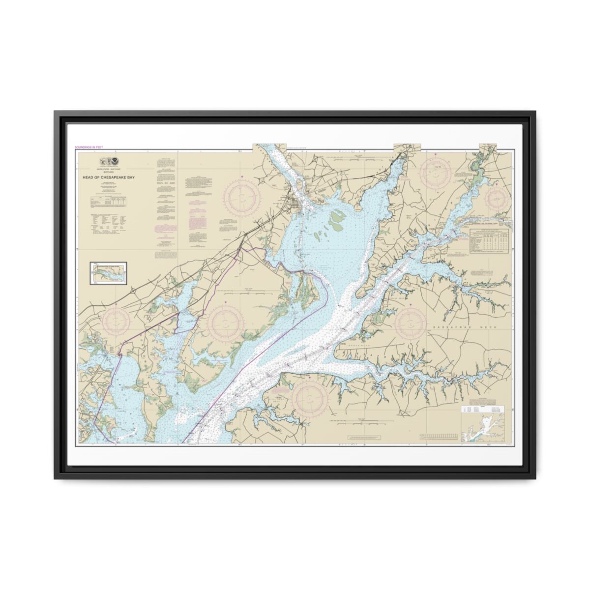 Chart 12274 Head of Chesapeake Bay - NOAA Nautical Chart Floating Frame Canvas | 32" x 24" | 40" x 30" - Black front