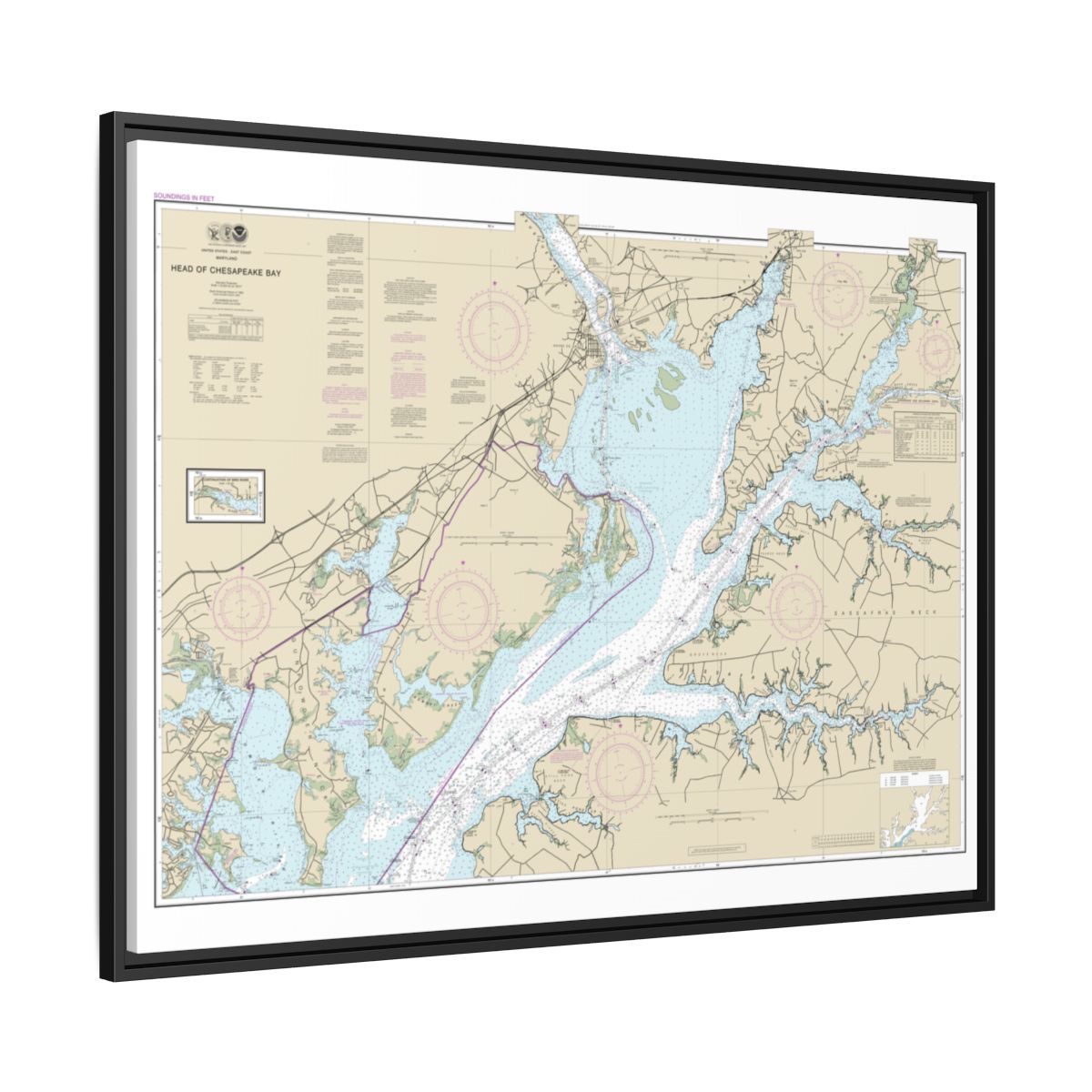 Chart 12274 Head of Chesapeake Bay - NOAA Nautical Chart Floating Frame Canvas | 32" x 24" | 40" x 30" - Black side